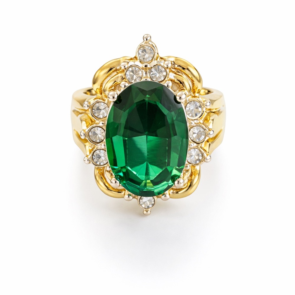 Vintage Emerald Green Cocktail Ring Size‎ 8 14K HGE Plated Rhinestone Halo